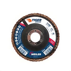 Weiler® 51312 Tiger® Coated Abrasive Flap Disc, 4-1/2 in dia, 7/8 in Center Hole, 40 Grit, Coarse Grade, Ceramic Alumina Abrasive