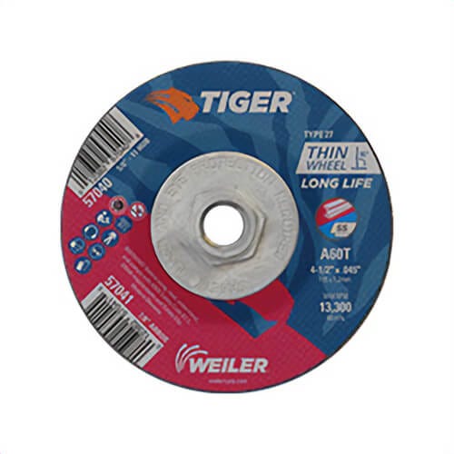 Weiler® 57040 Tiger® Long Life Performance Line Thin Depressed Center Cutting Wheel, 4-1/2 in dia x 0.045 in Thick, 60 Grit