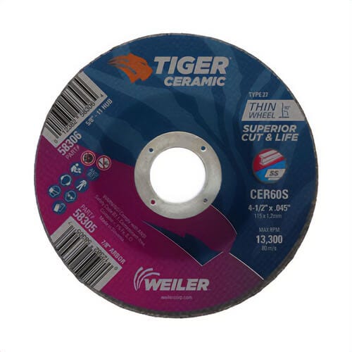 Weiler® 58305 Tiger® Performance Line Superior Life and Cut Depressed Center Cutting Wheel, 7/8 in Center Hole