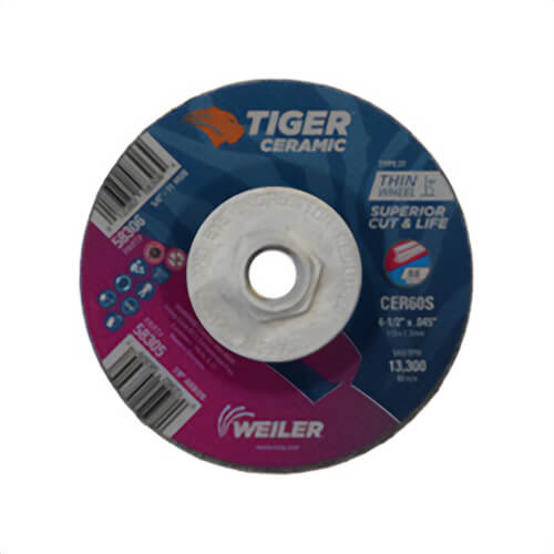 Weiler® 58306 Tiger® Performance Line Superior Life and Cut Depressed Center Cutting Wheel, 4-1/2 in dia x 0.045 in Thick, 60 Grit