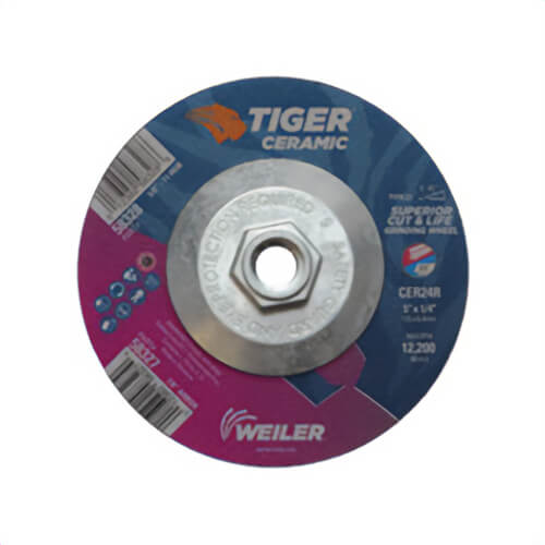 Weiler® 58328 Tiger® Performance Line Superior Life and Cut Depressed Center Grinding Wheel, 5 in dia x 1/4 in Thick, 24 Grit