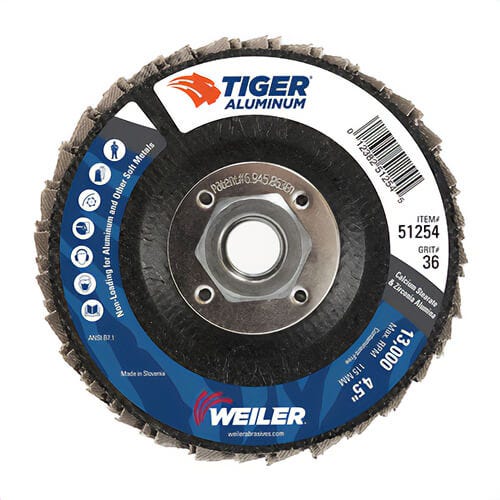 Weiler® 51254 Tiger® Aluminum Coated High Performance Non-Loading Abrasive Flap Disc, 36 Grit, Extra Coarse Grade