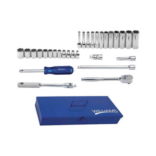 Williams® Socket and Drive Tool Set, Supertorque®, Metric, 1/4 in Drive, 6 Points, Flexible, 30 pc, Yes Sockets Included, Chrome Vanadium Steel