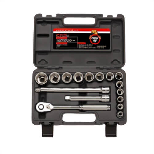 Cougar Pro A42 Standard Socket Set, Number of pc: 16, Drive Size: 1/2 in, Number of Points: 6, High Alloy Steel